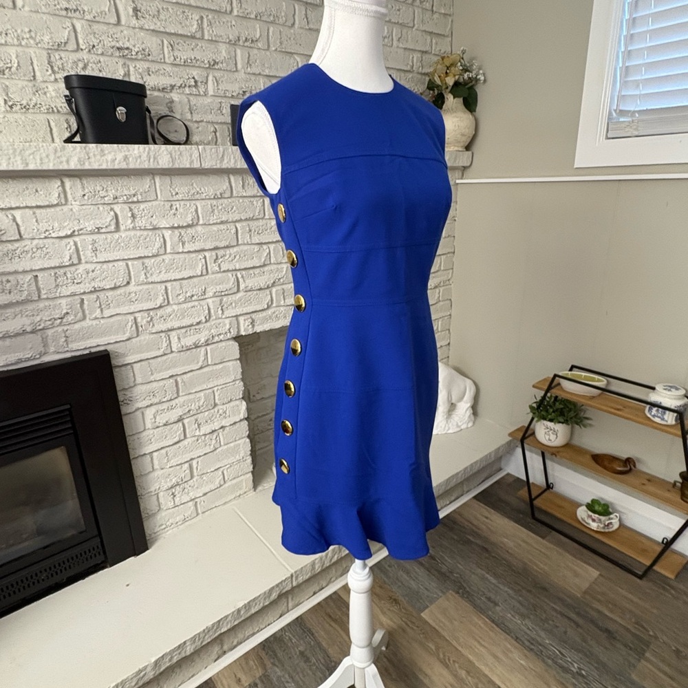 Calvin Klein Royal Blue Mini Dress with Gold Buttons Size 2